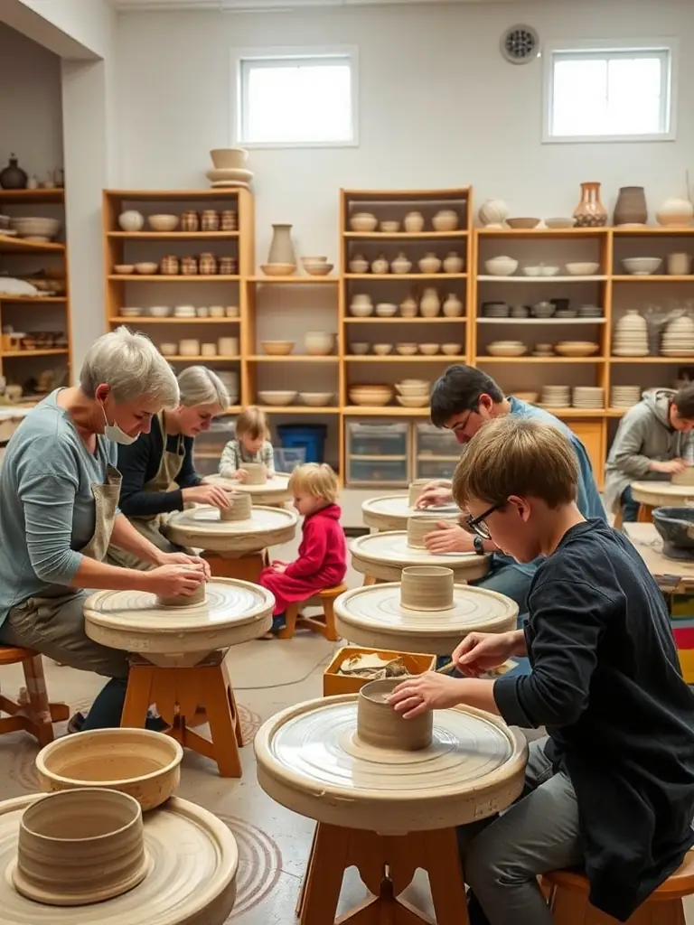 A photograph capturing a pottery workshop in progress, with participants of various ages focused on shaping clay, set in a brightly lit studio with shelves displaying finished ceramic pieces.
