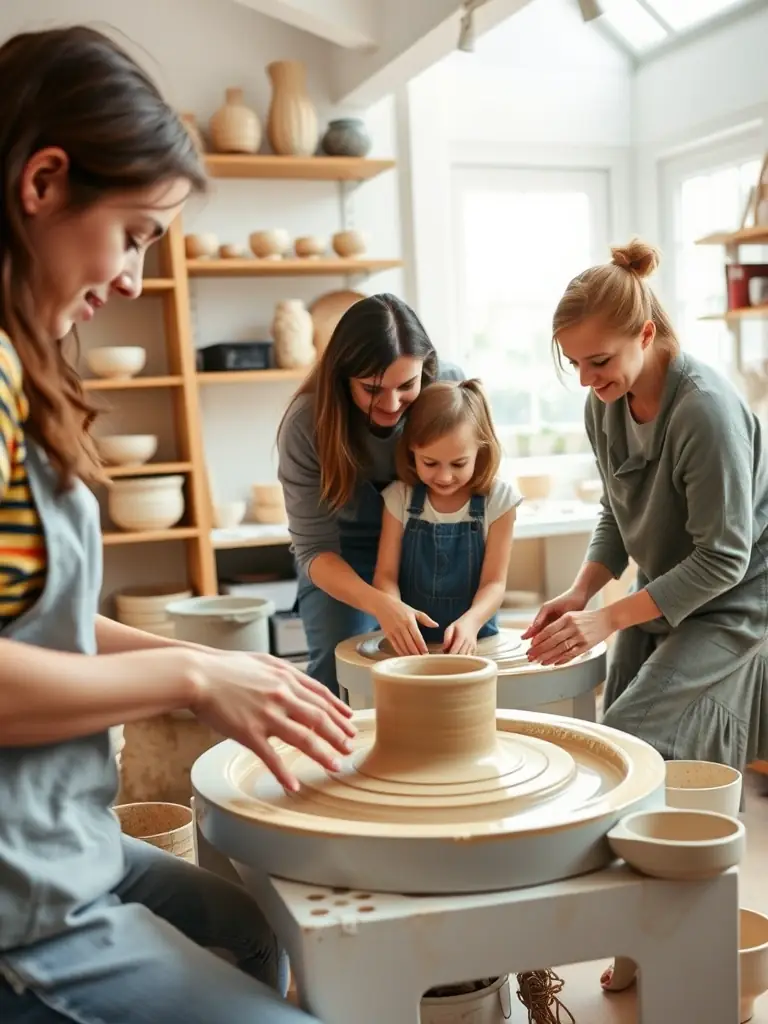 A vibrant photograph capturing participants of all ages engaged in a pottery workshop at L'ATELIER VAL D'AUBOIS, showcasing the hands-on learning experience and creative atmosphere.