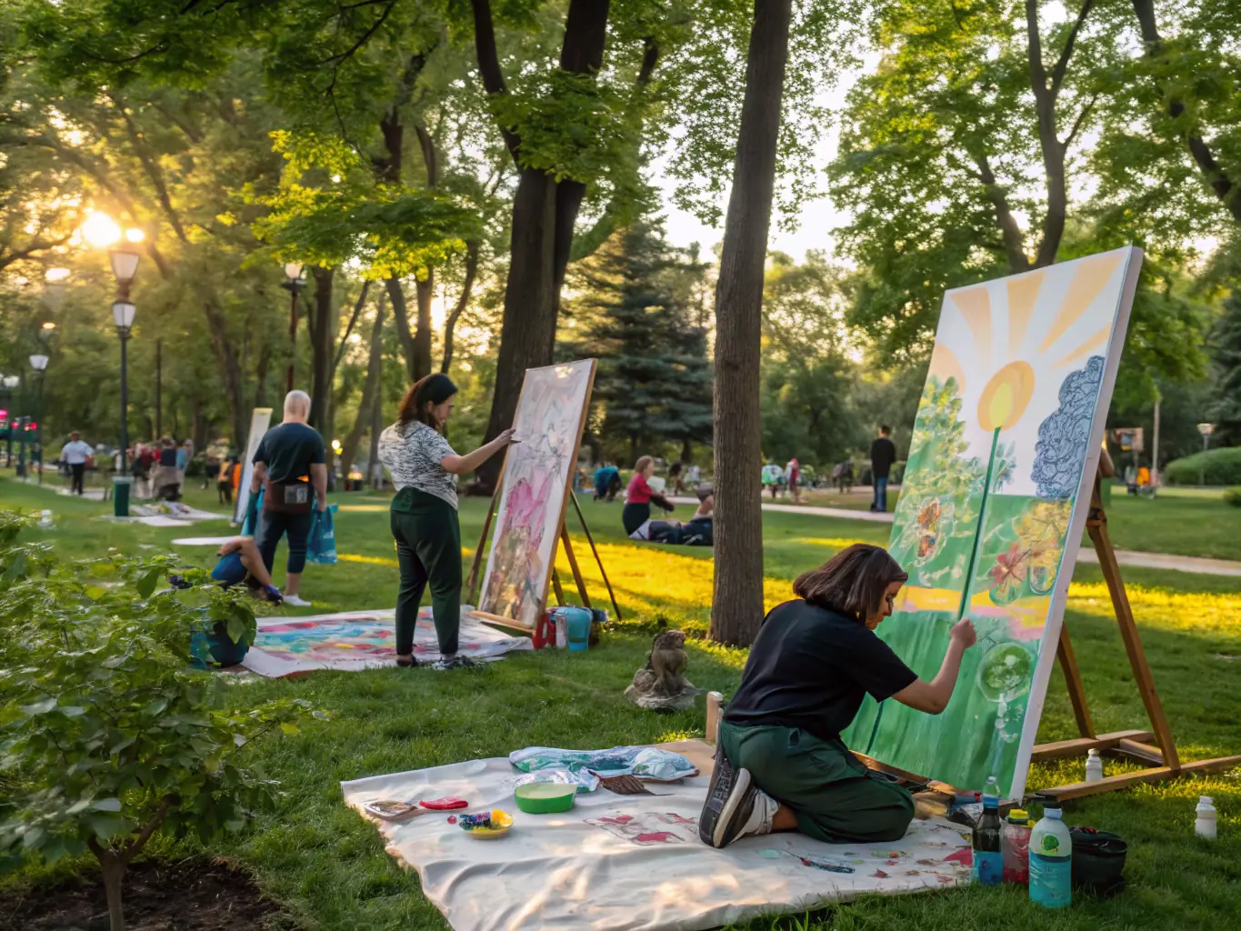 A photograph capturing a lively outdoor community event organized by L ATELIER VAL D AUBOIS, featuring families participating in an art workshop under a tent, with colorful banners and decorations creating a festive atmosphere.