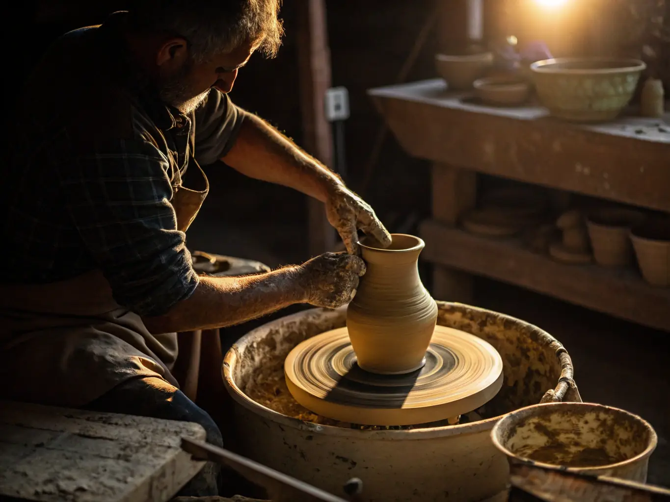 A vibrant image depicting participants engaged in a pottery workshop, showcasing the hands-on artistic experience offered by L ATELIER VAL D AUBOIS.