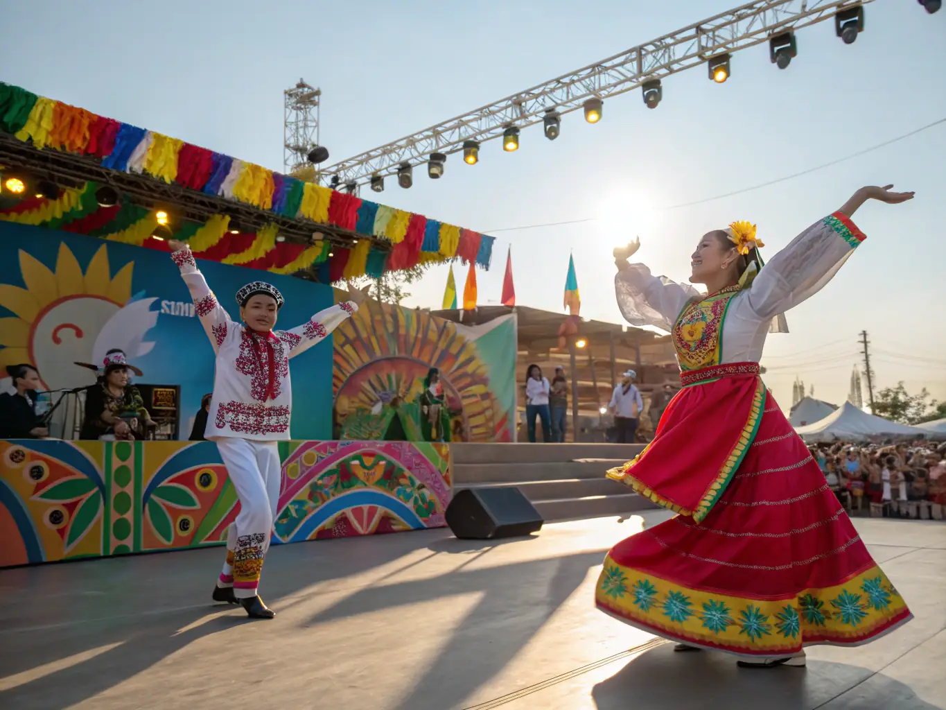 A photograph capturing a lively scene from a cultural festival organized by L ATELIER VAL D AUBOIS, featuring music, dance, and local crafts.