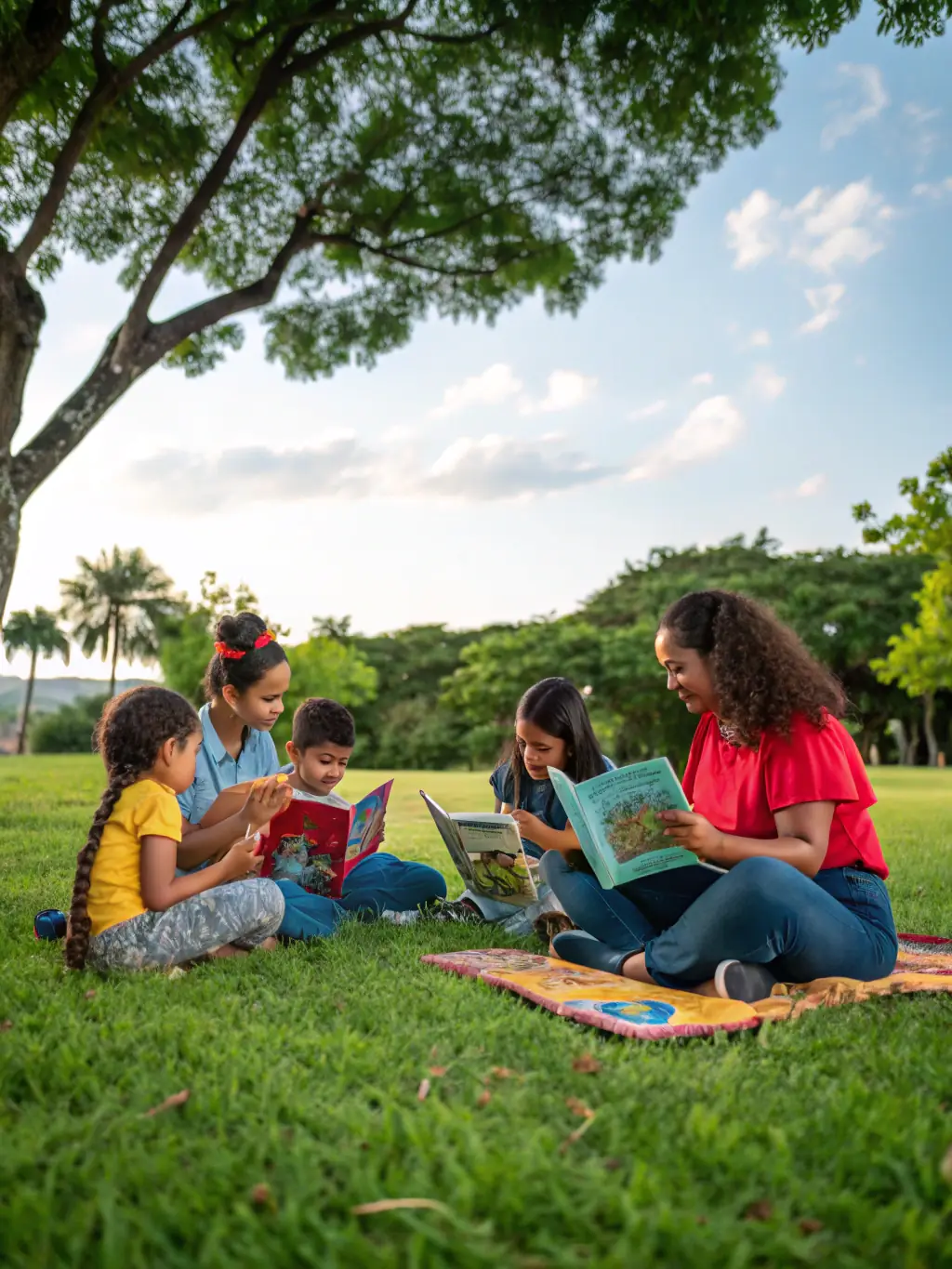 A dynamic image of a group of children participating in a storytelling session at L'ATELIER VAL D'AUBOIS, with a focus on their captivated expressions and the engaging storyteller.