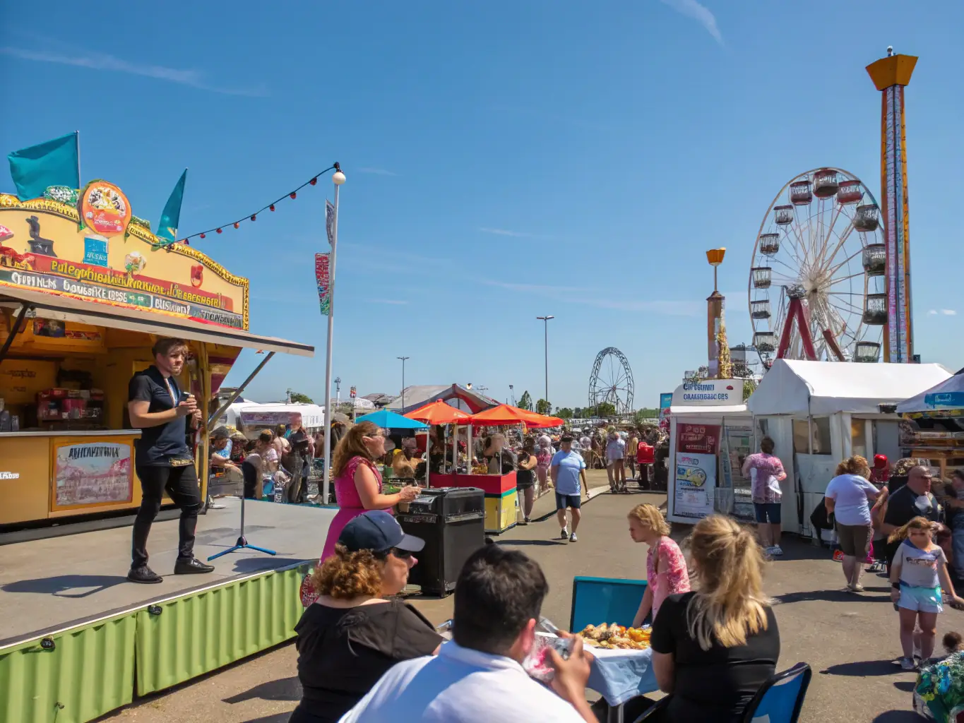 A photograph depicting a cultural festival organized by L ATELIER VAL D AUBOIS, featuring diverse food stalls, music performances, and traditional dance displays, with community members of all backgrounds celebrating together in a public square.