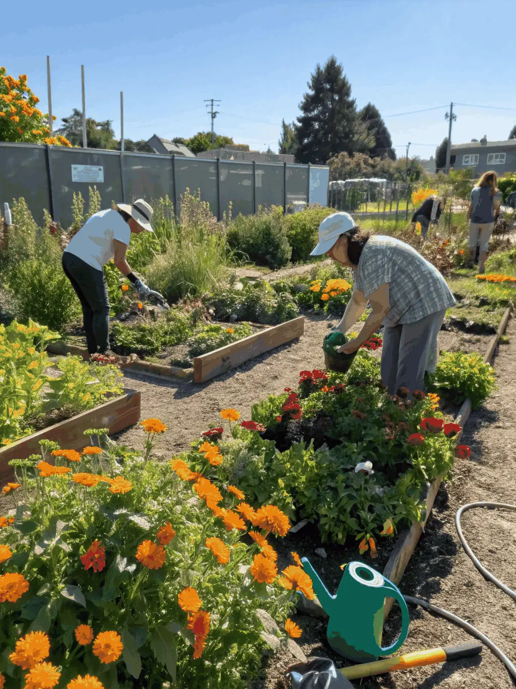 A photograph of a community garden, showcasing diverse plants and vegetables, with volunteers working together to maintain the garden beds and pathways.