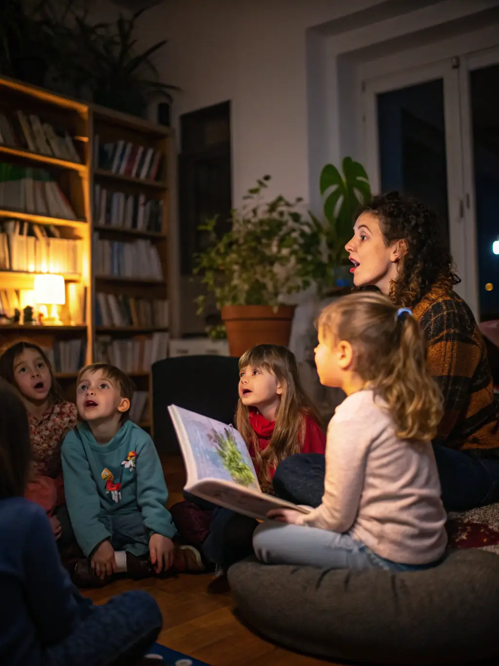 A photograph showing children participating in an interactive storytelling session, with a storyteller dressed in costume engaging the audience with expressive gestures and props.