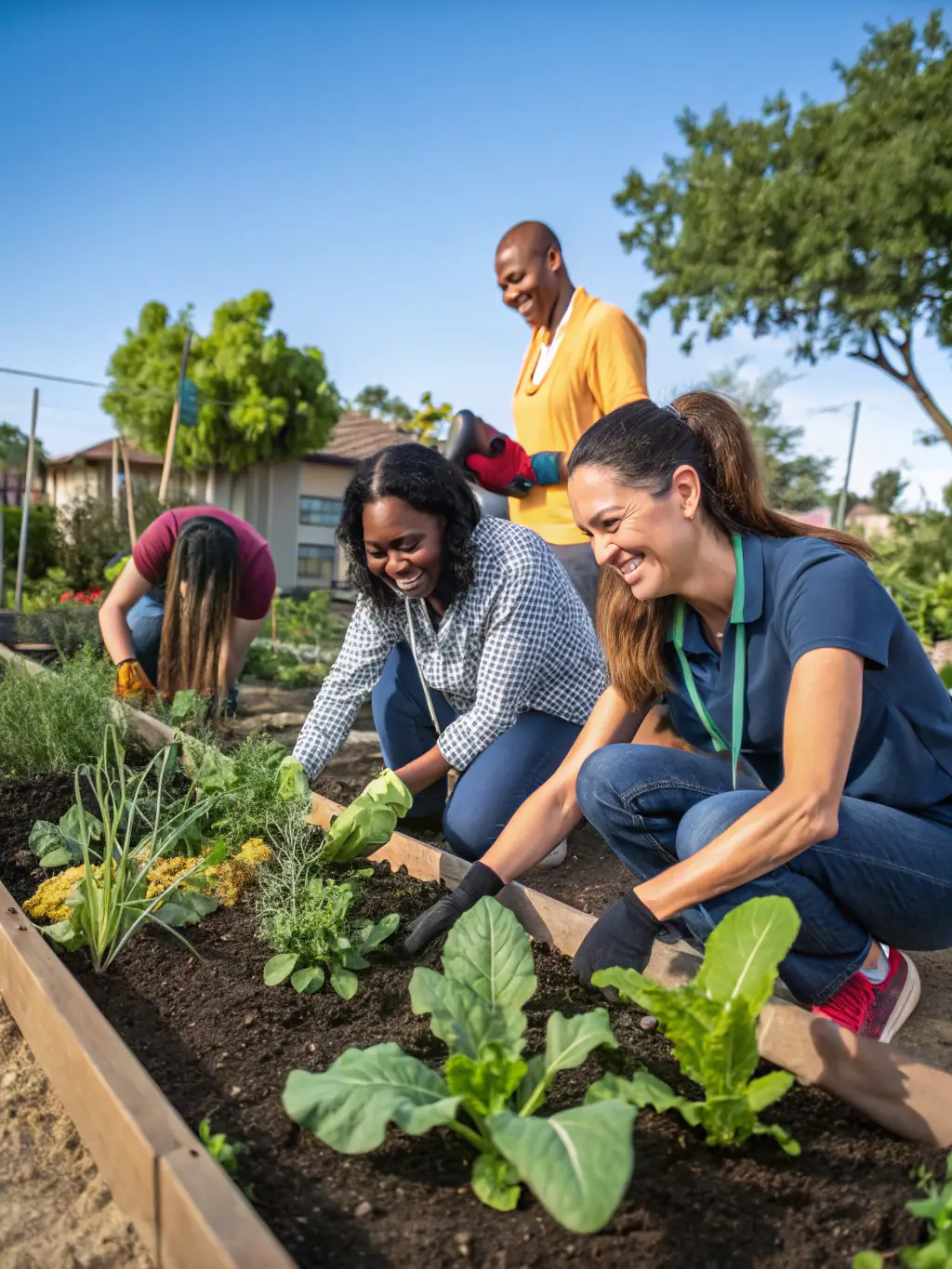 A photograph showcasing a community garden managed by L'ATELIER VAL D'AUBOIS, featuring volunteers planting vegetables and flowers, highlighting the organization's commitment to sustainability.