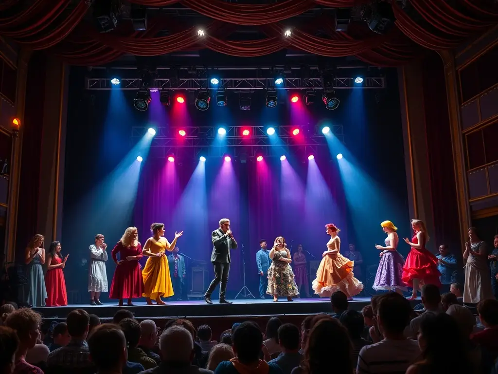 A photograph showcasing a theatrical performance organized by L ATELIER VAL D AUBOIS, featuring actors in costume on stage, with an audience of diverse ages enjoying the show in a community hall.